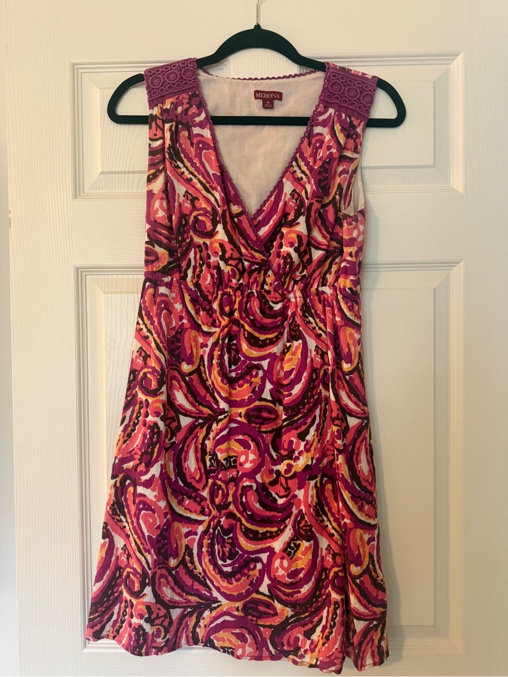 Merona Pink, Orange & Yellow Swirl V-Neck Sleeveless Dress